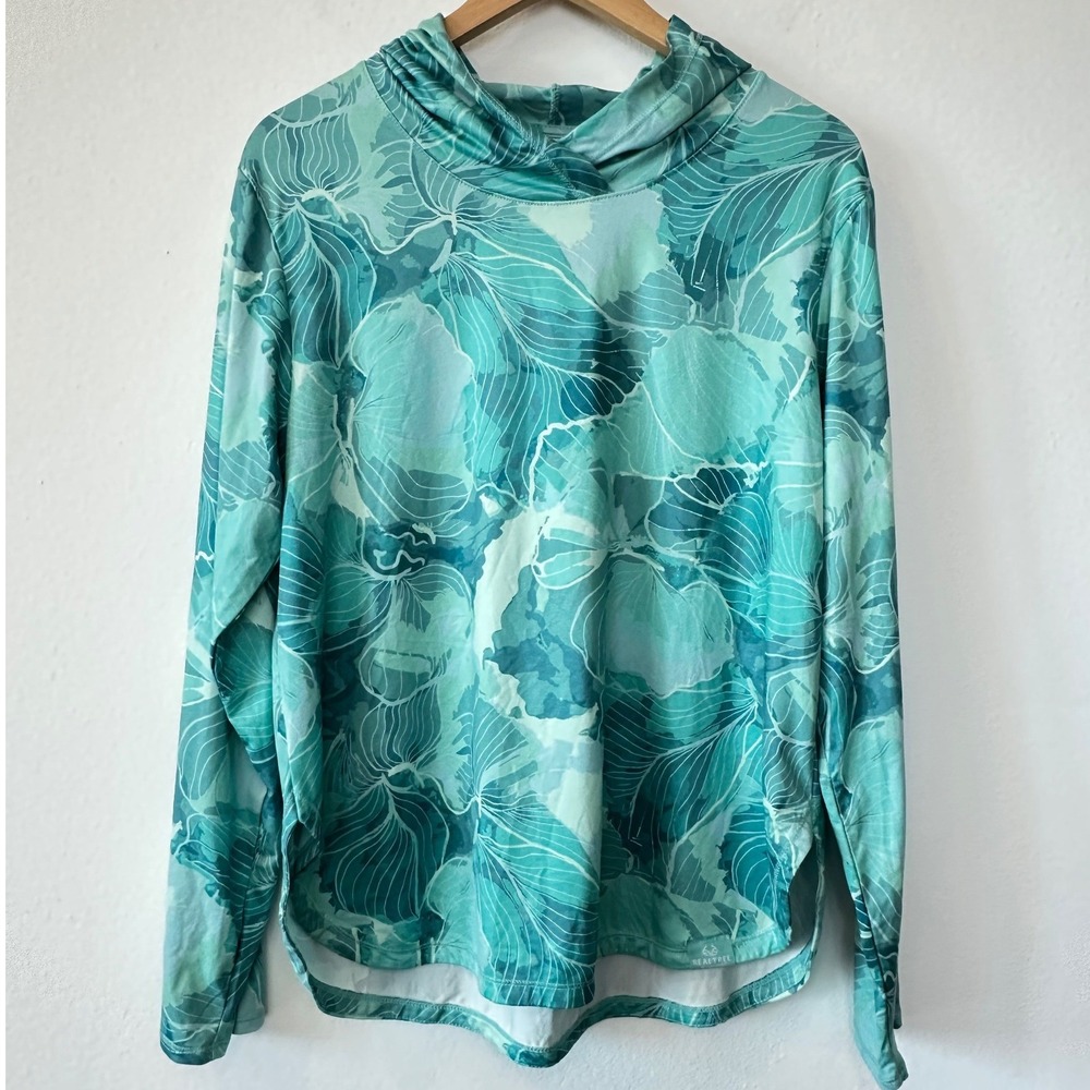 Realtree Fishing Womens Large Teal Floral Camo Hooded Long Sleeve Shirt L UPF